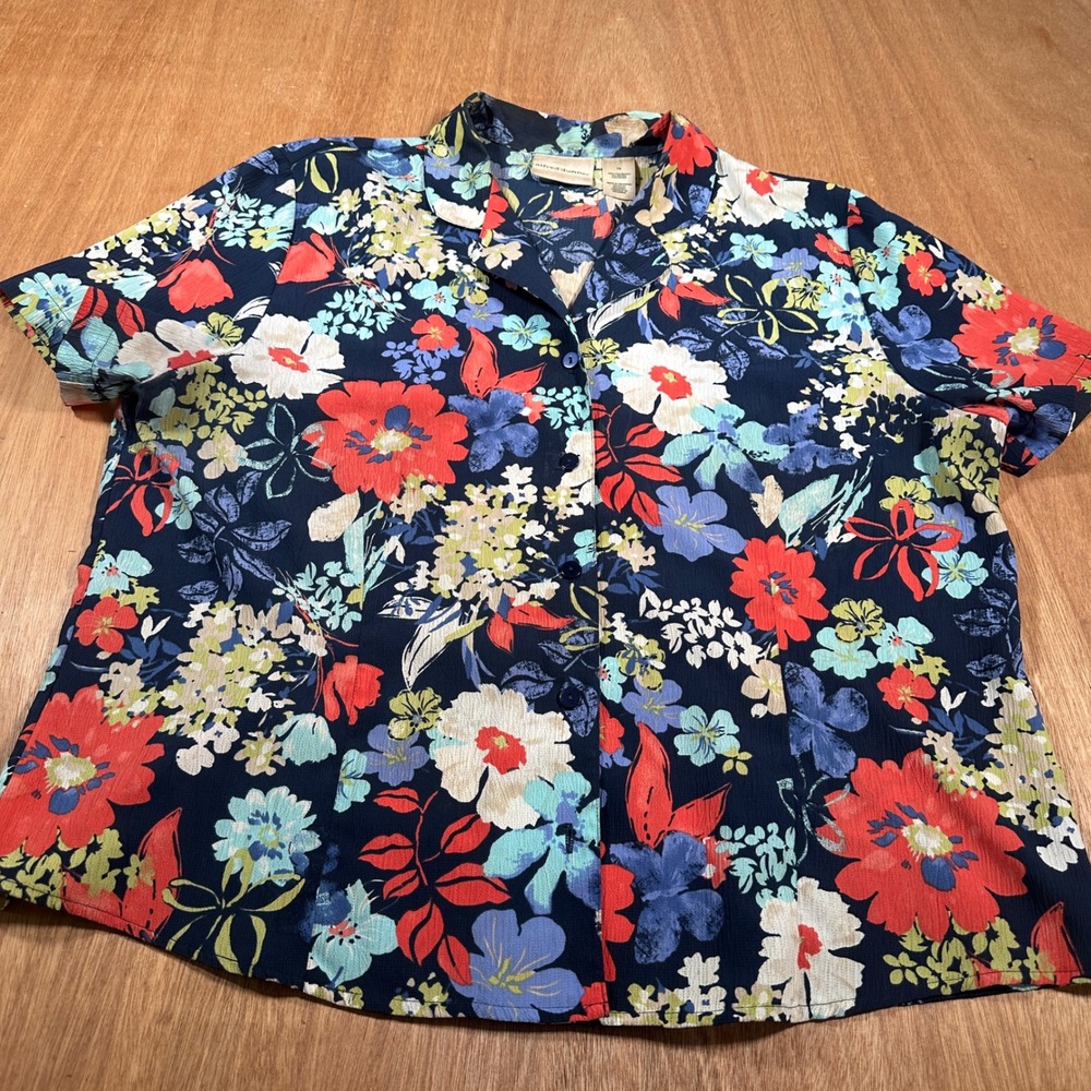 Alfred Dunner Blouse Women 18 Navy Blue Floral Short Sleeve Button Up Top